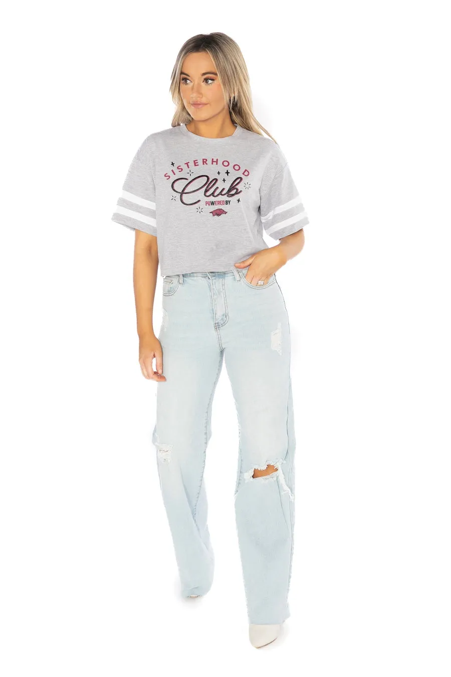 ARKANSAS RAZORBACKS SISTERHOOD CLUB DROP SHOULDER MID-CROP TEE