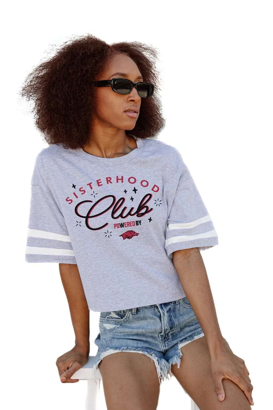 ARKANSAS RAZORBACKS SISTERHOOD CLUB DROP SHOULDER MID-CROP TEE