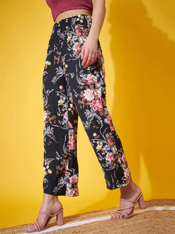 Berrylush Women Black & White Floral Printed High-Rise Elastic Waist Slip-On Regular Parallel Trousers