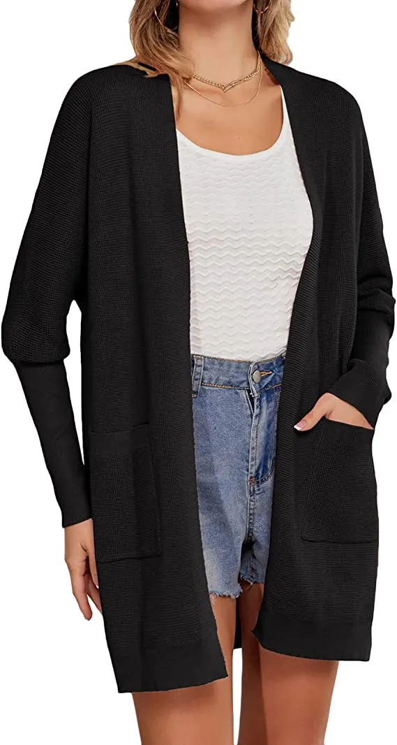 Black Batwing Sleeve Women Open Front Cardigan Sweaters Pockets Long Sleeve Shrugs - GRACE KARIN