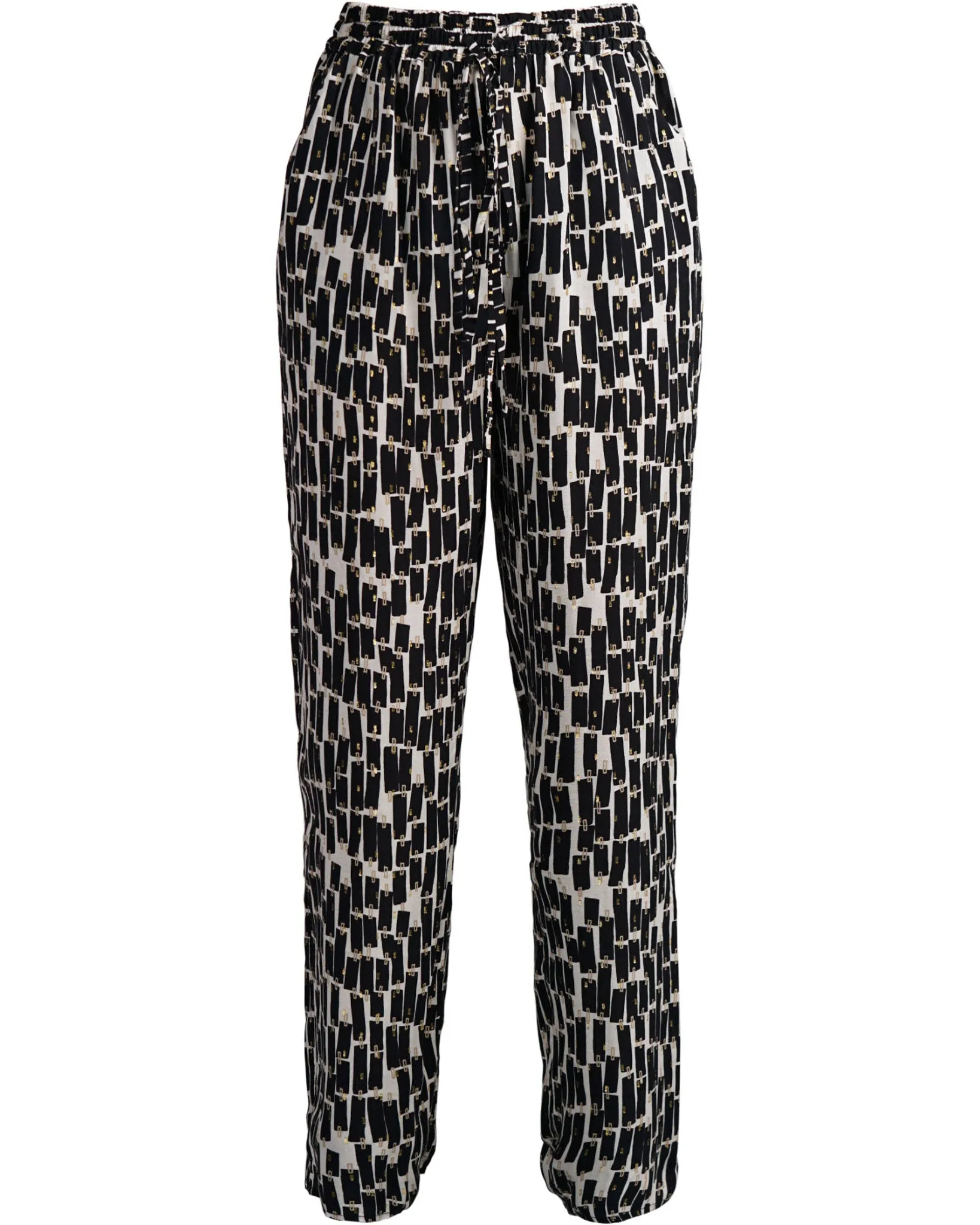 Black Cream & Gold Print Trousers | Evie Elasticated Waist Slim Pants