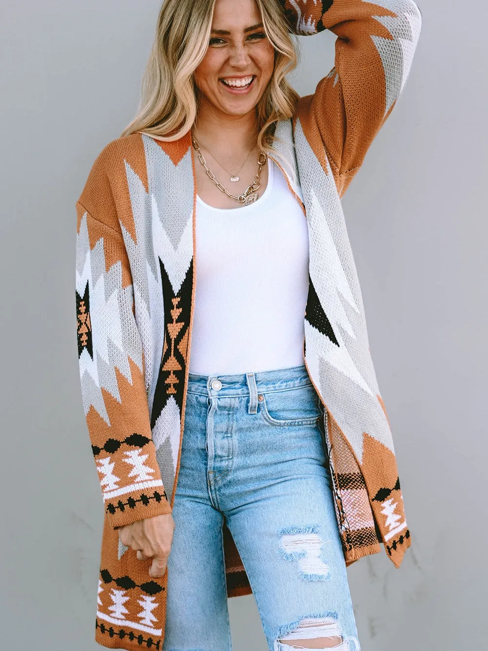 Bold Aztec Graphic Knit Open-Front Cardigan