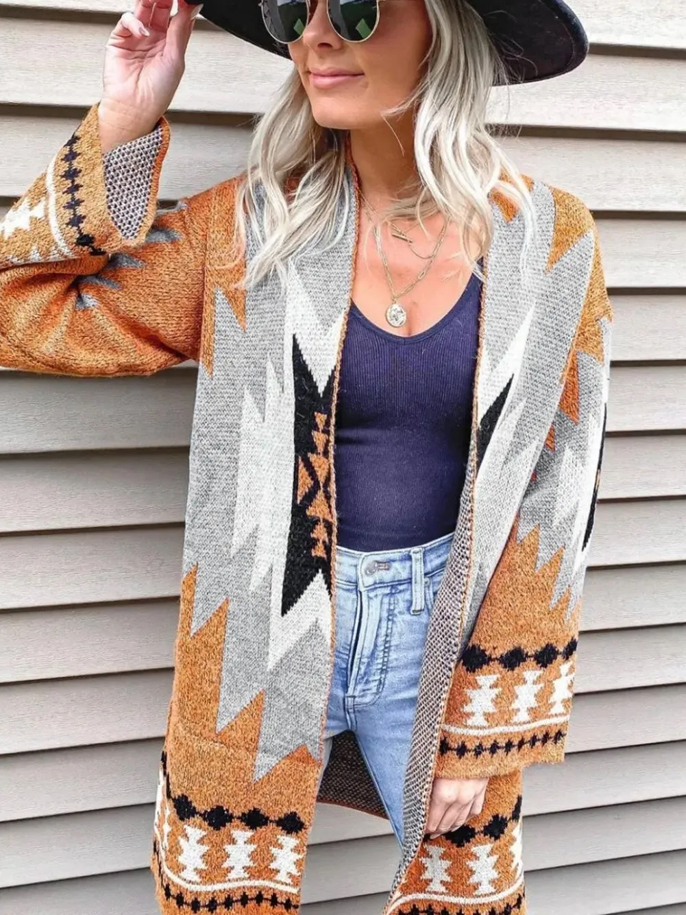 Bold Aztec Graphic Knit Open-Front Cardigan