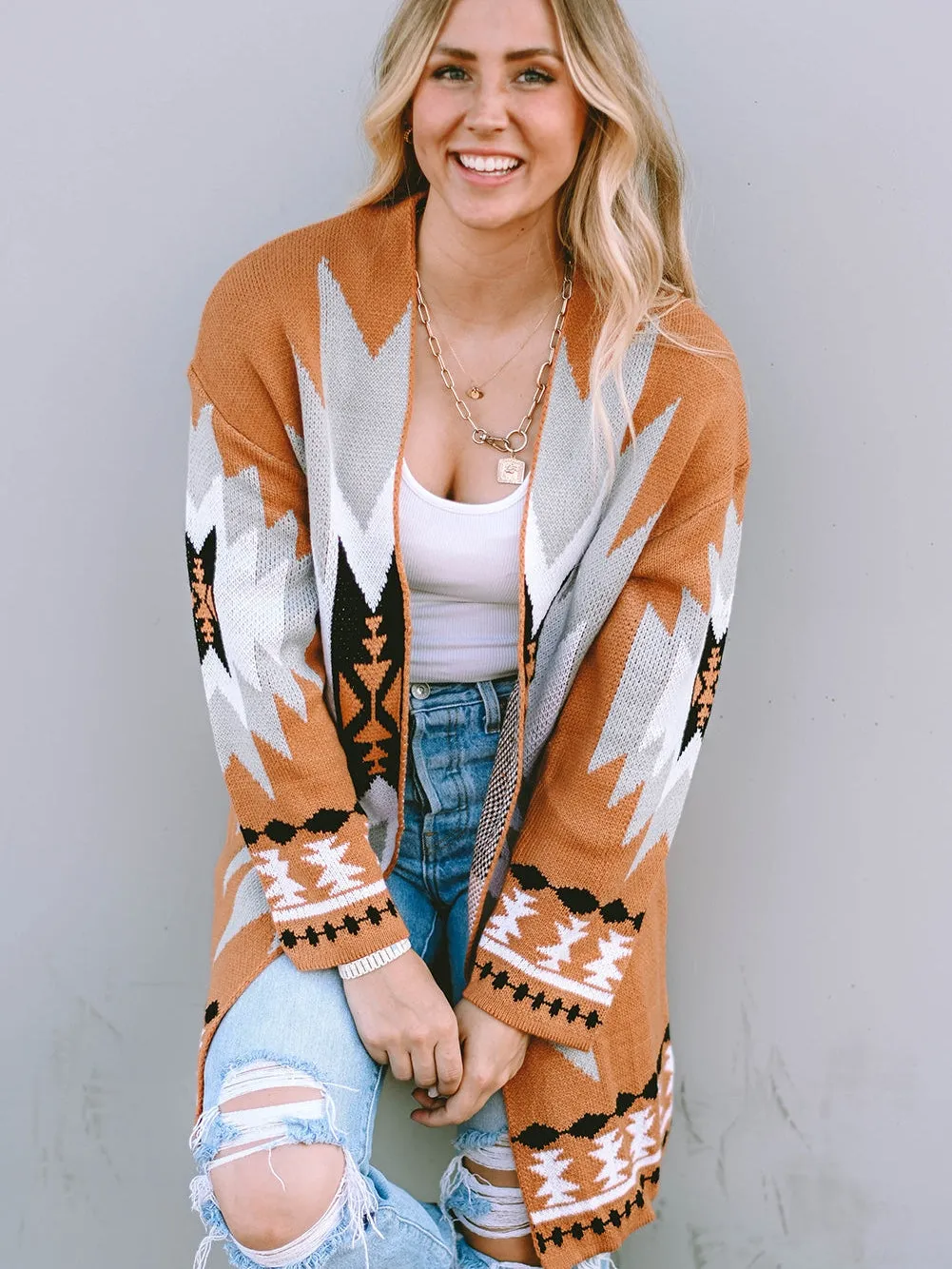 Bold Aztec Graphic Knit Open-Front Cardigan