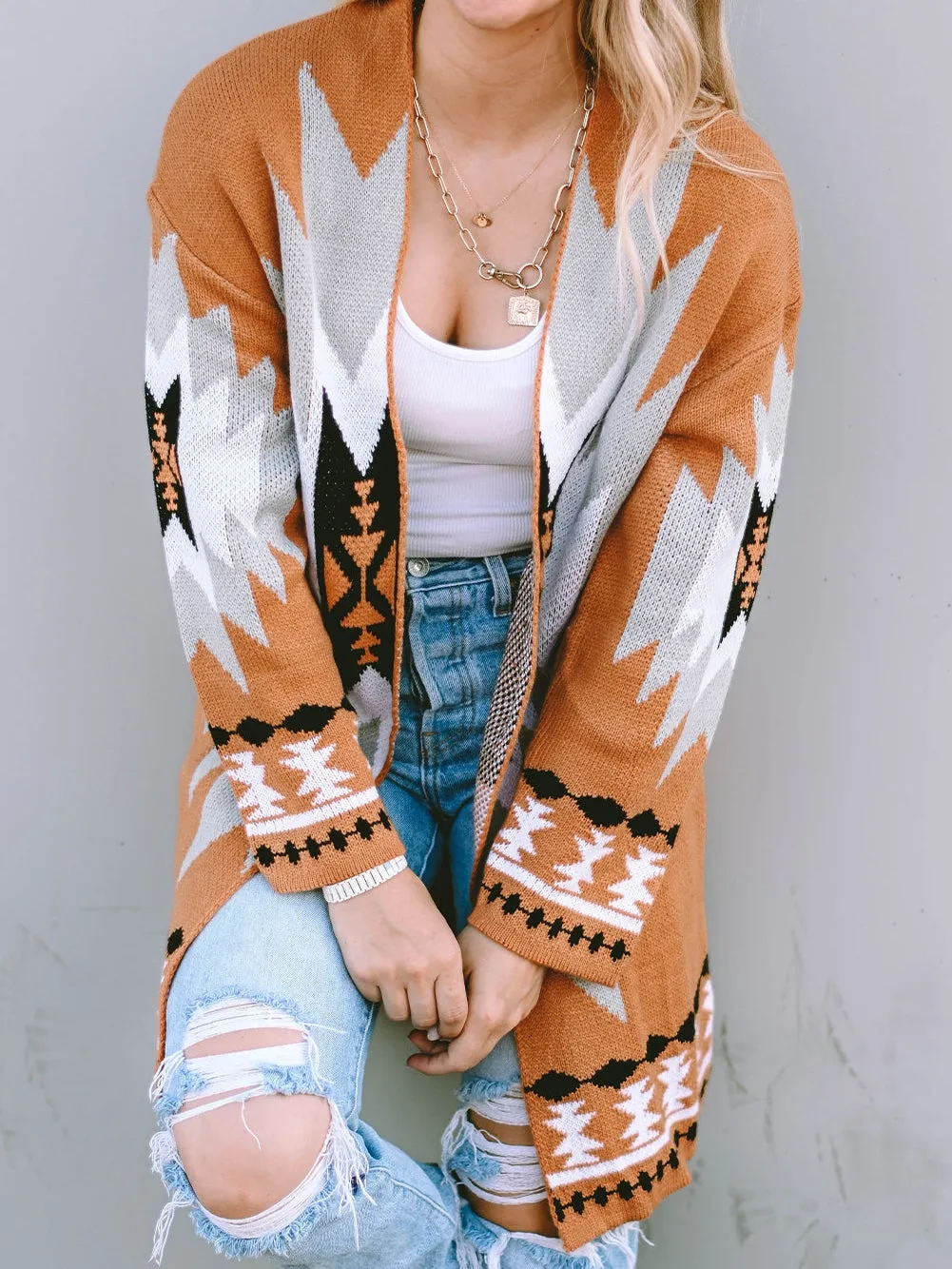 Bold Aztec Graphic Knit Open-Front Cardigan