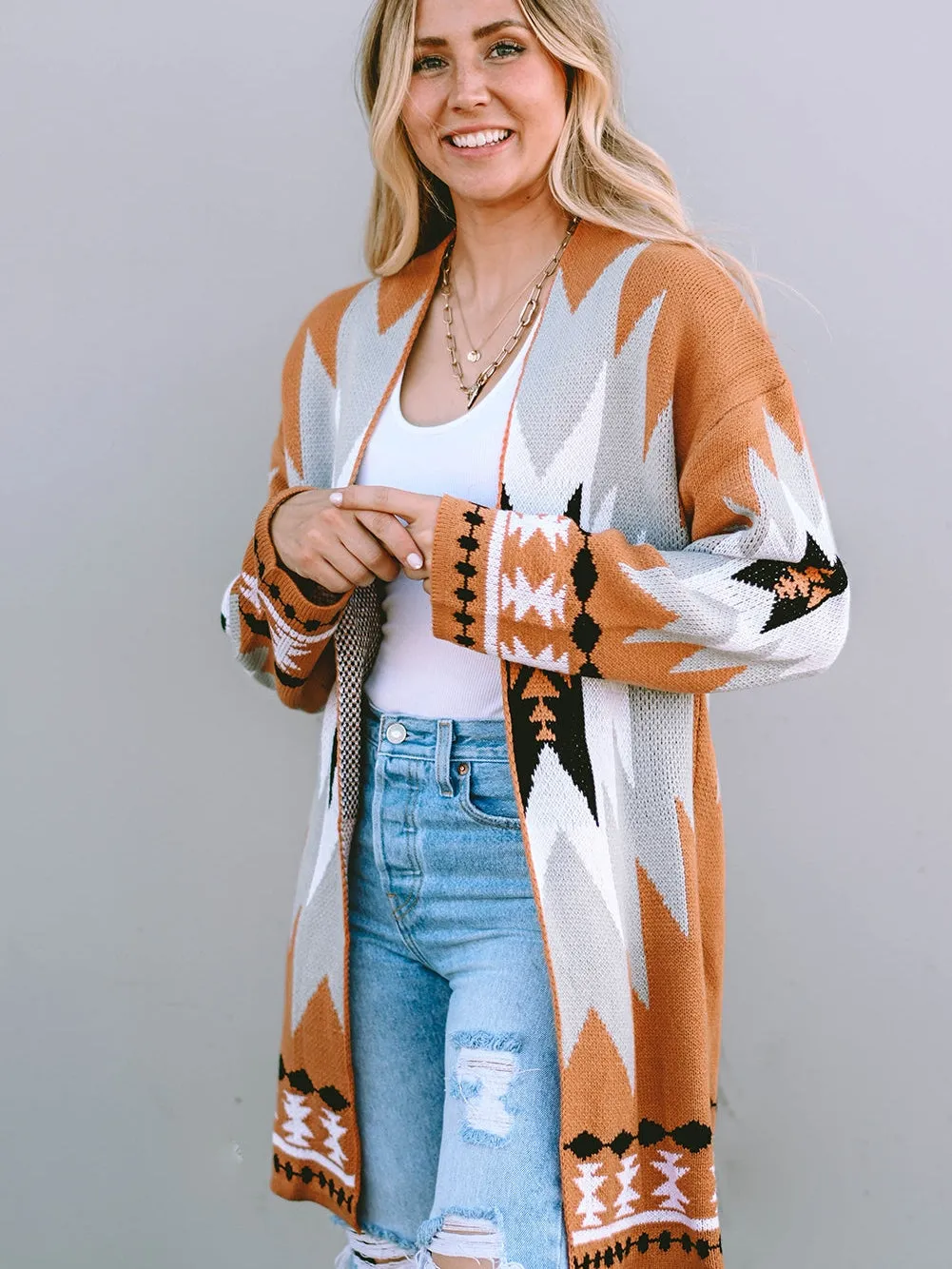 Bold Aztec Graphic Knit Open-Front Cardigan