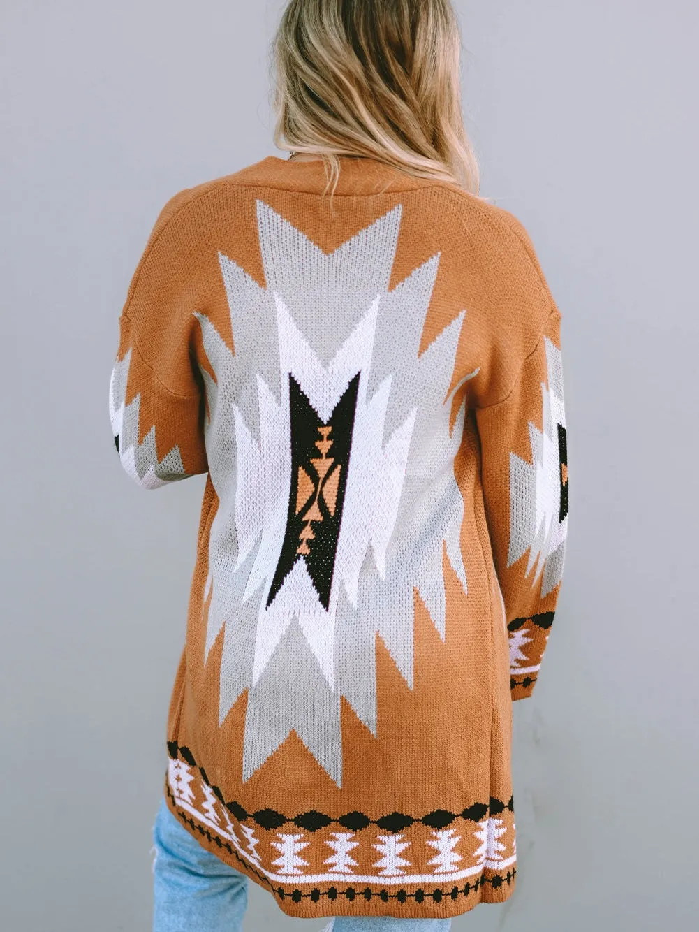 Bold Aztec Graphic Knit Open-Front Cardigan