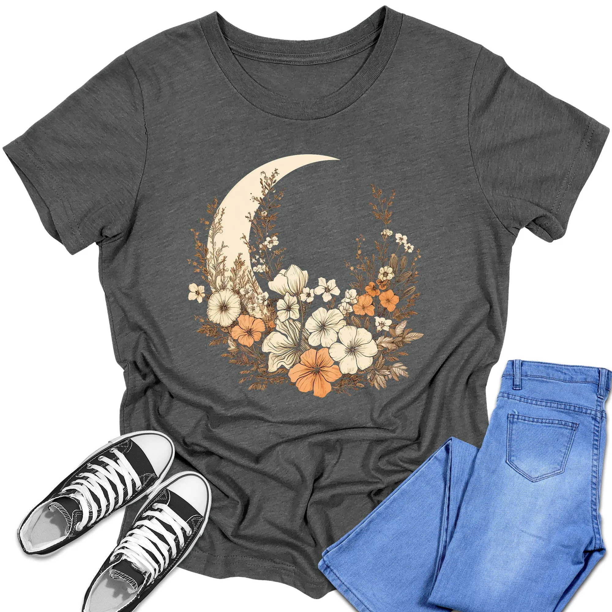 Boys and Girls Trendy Crescent Moon Floral Graphic Tees