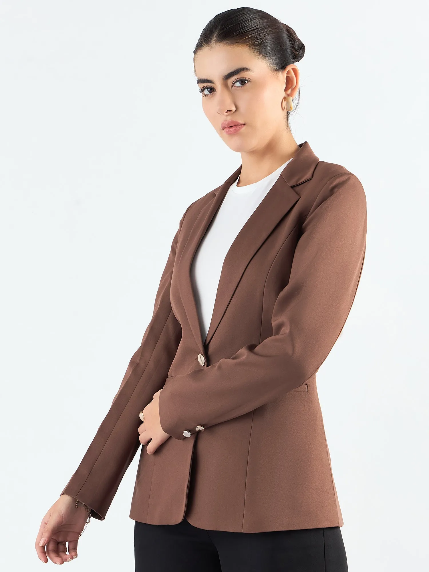 Brown Tailored Fit Notched Lapel Blazer In Stretchable Fabric