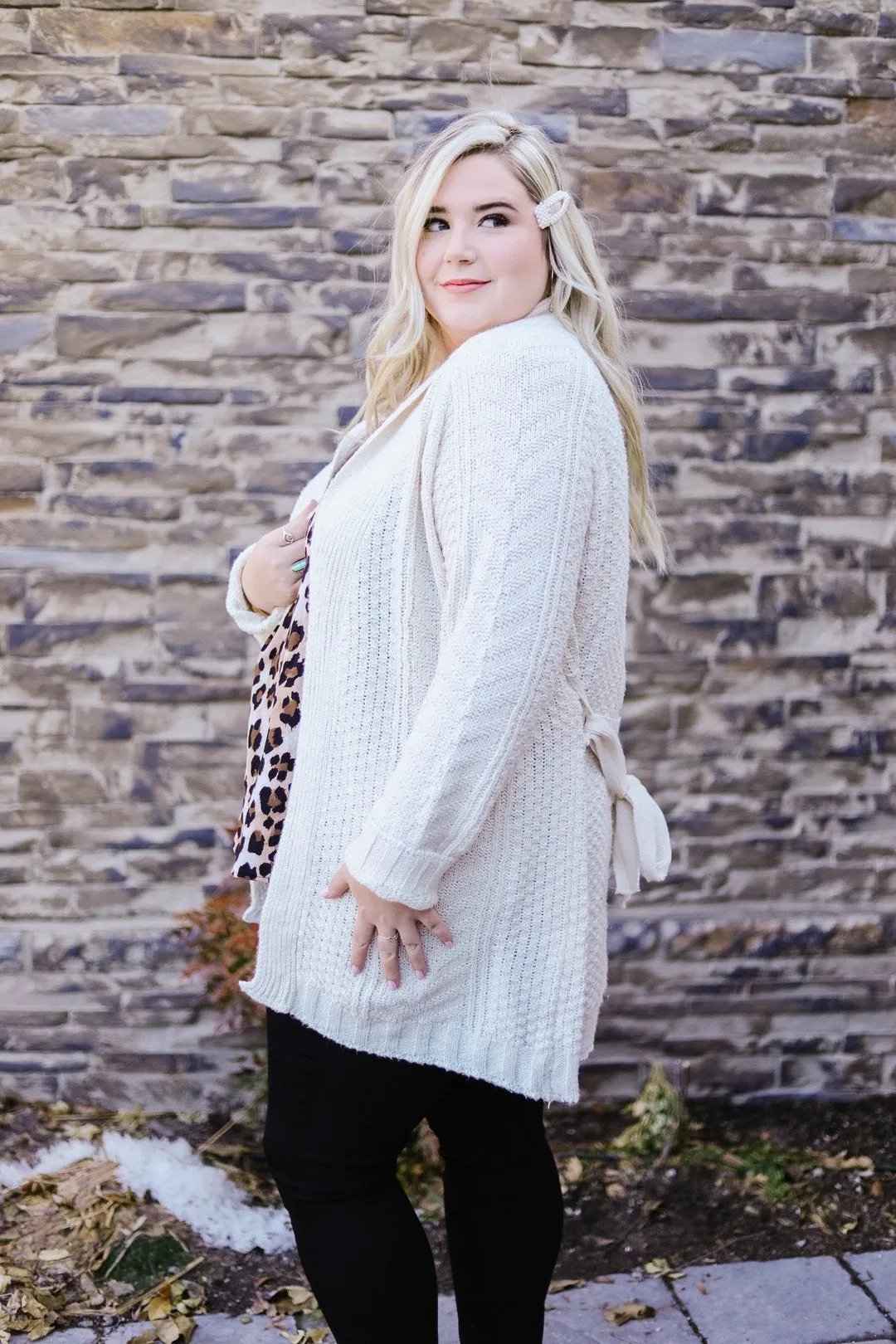 Cable Knit Belted Cardigan In Cream