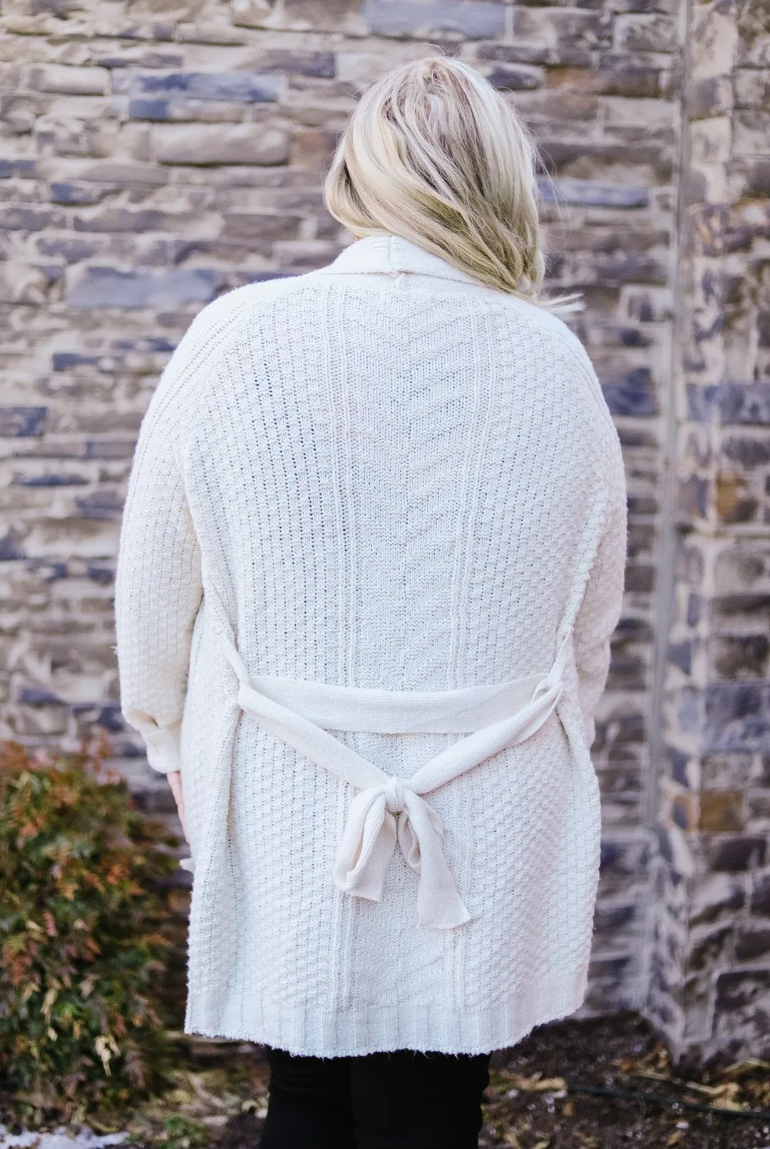 Cable Knit Belted Cardigan In Cream