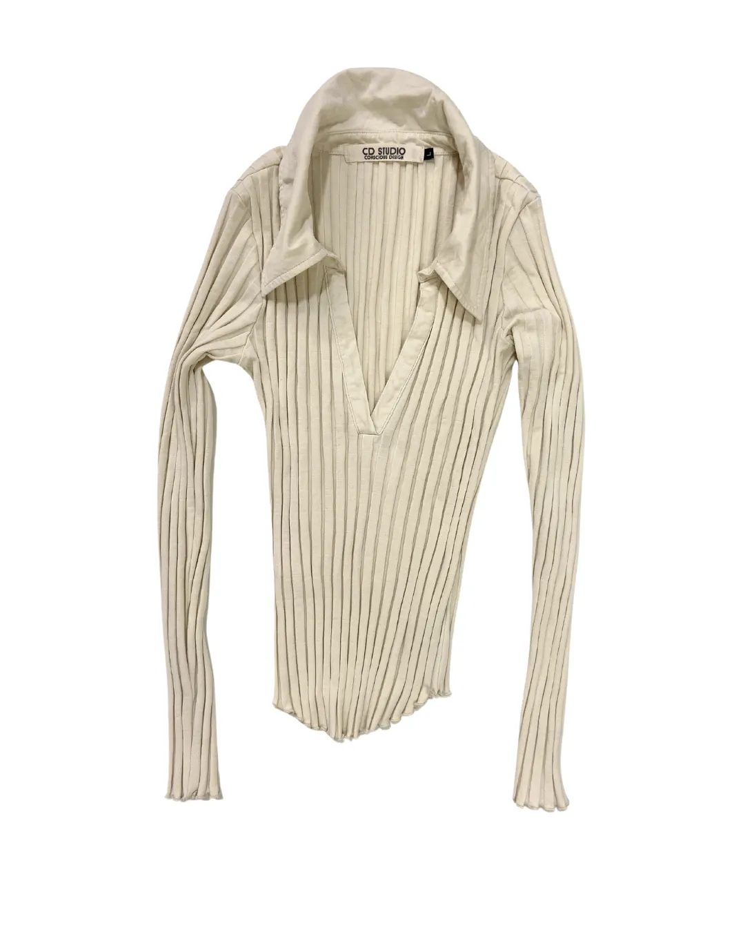 CD Studio Ribbed Beige Long Sleeve Top with Collar Detail