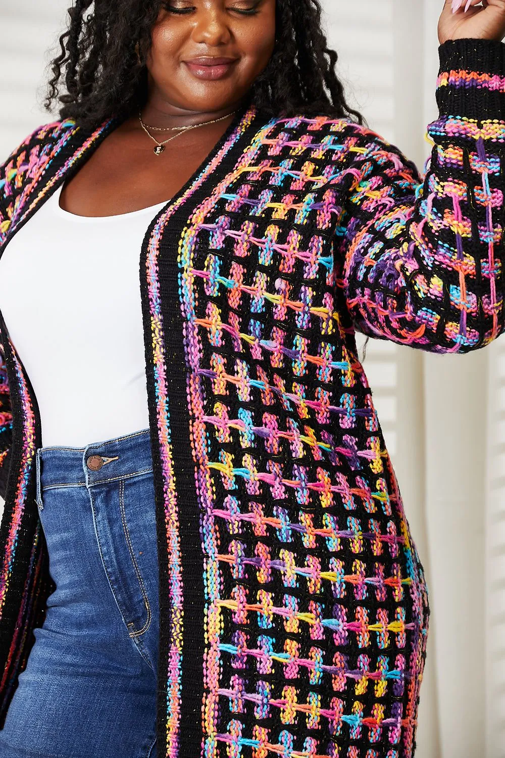 Cozy Fest Multicolored Open Front Fringe Hem Cardigan-Duster