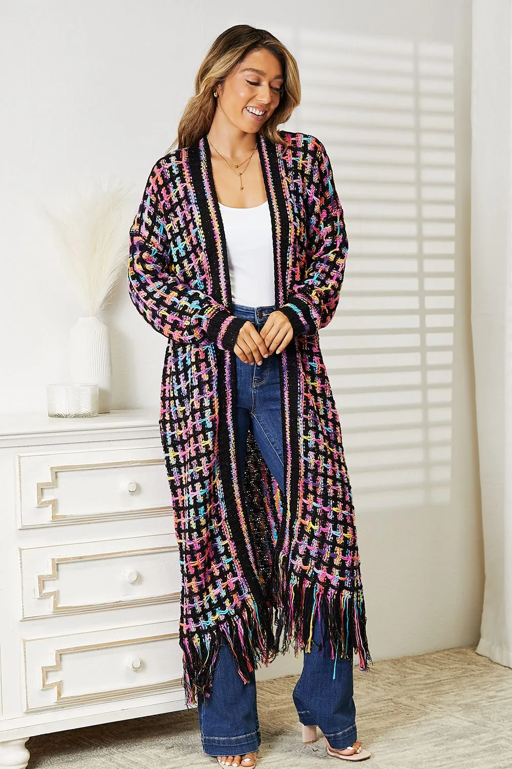 Cozy Fest Multicolored Open Front Fringe Hem Cardigan-Duster