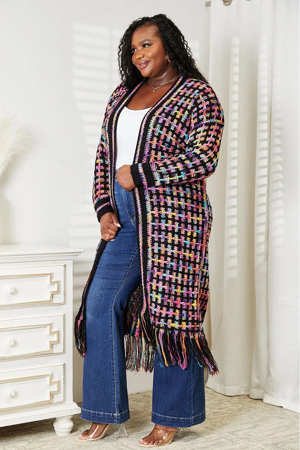 Cozy Fest Multicolored Open Front Fringe Hem Cardigan-Duster