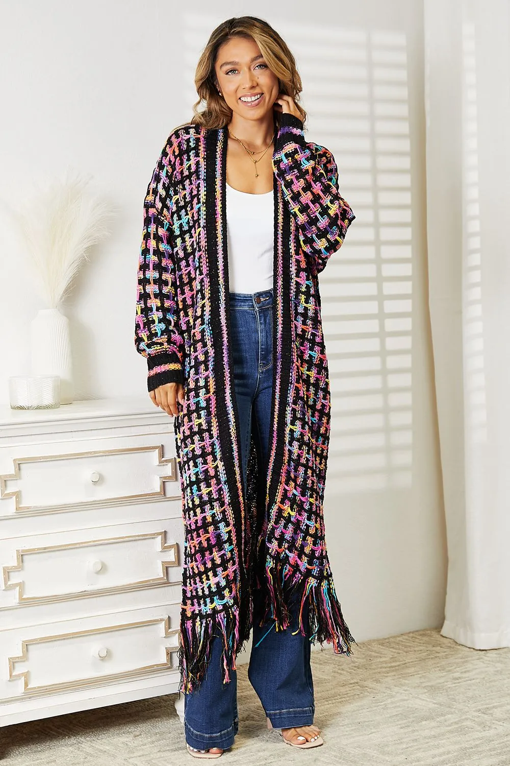 Cozy Fest Multicolored Open Front Fringe Hem Cardigan-Duster