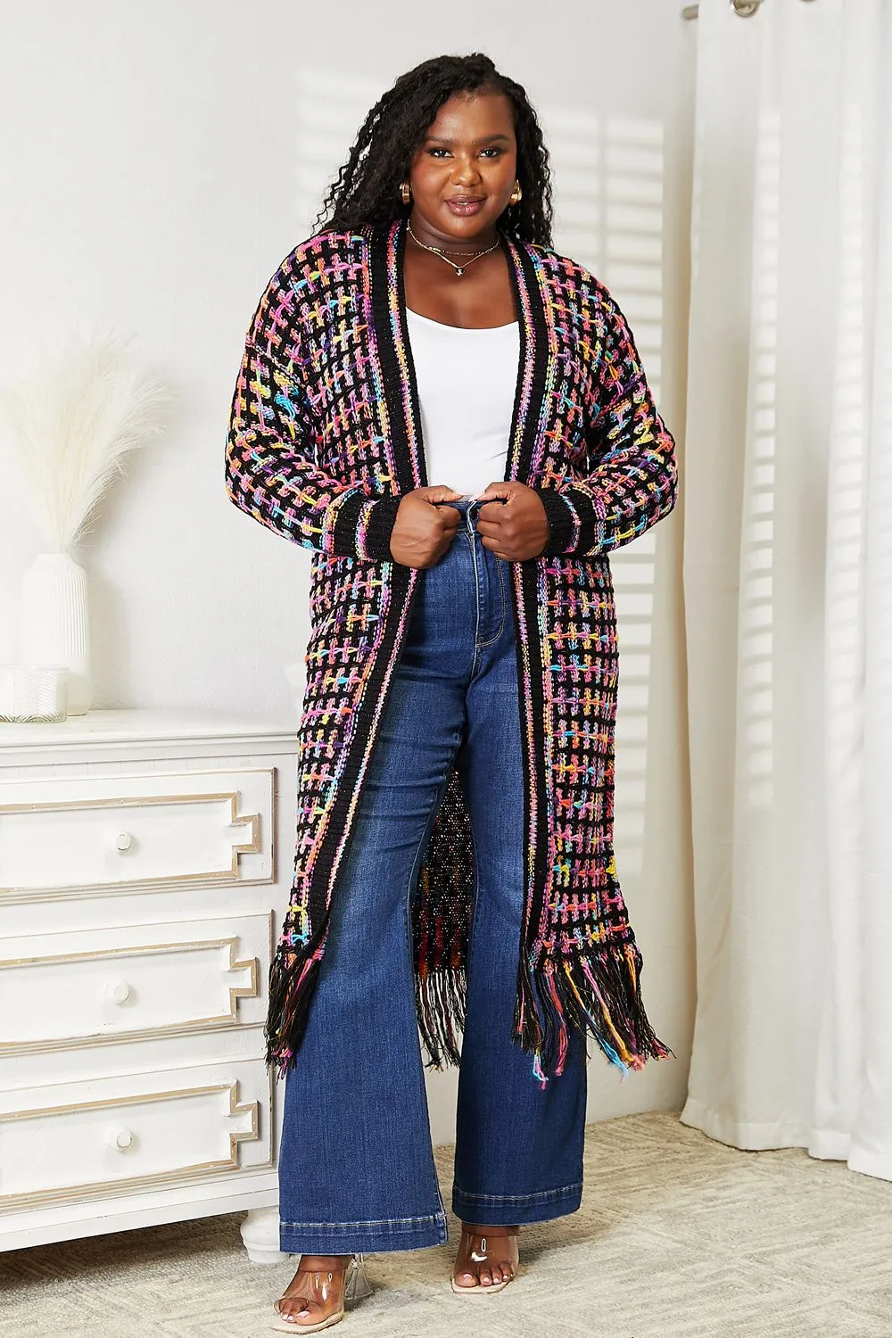 Cozy Fest Multicolored Open Front Fringe Hem Cardigan-Duster