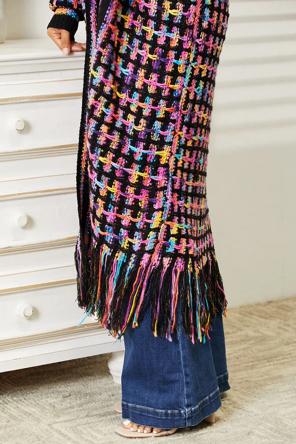 Cozy Fest Multicolored Open Front Fringe Hem Cardigan-Duster