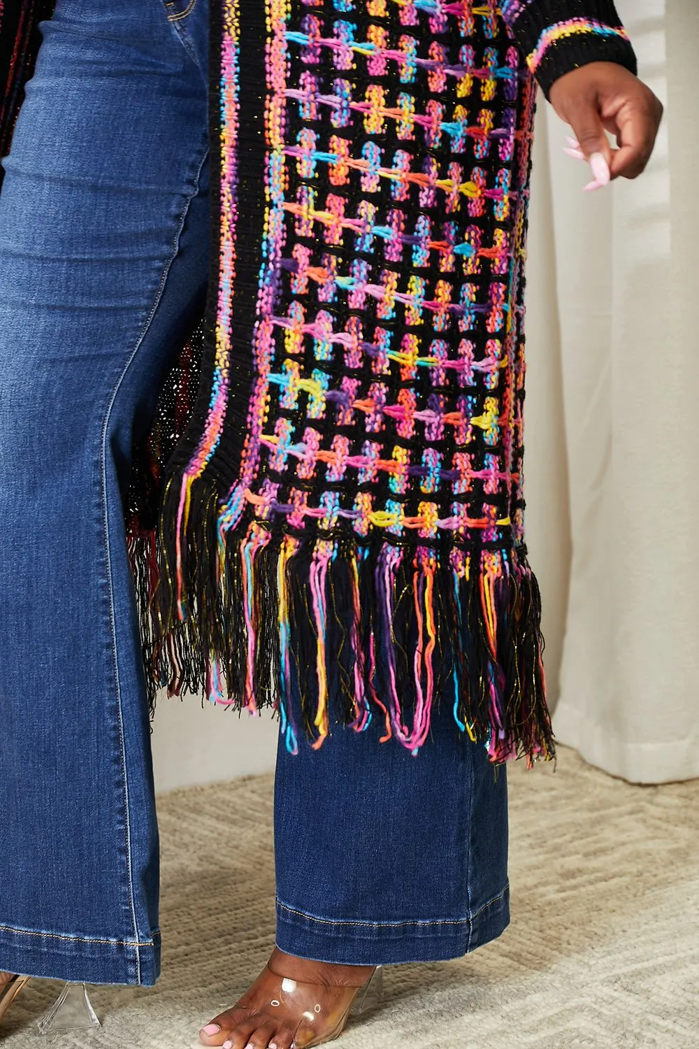 Cozy Fest Multicolored Open Front Fringe Hem Cardigan-Duster