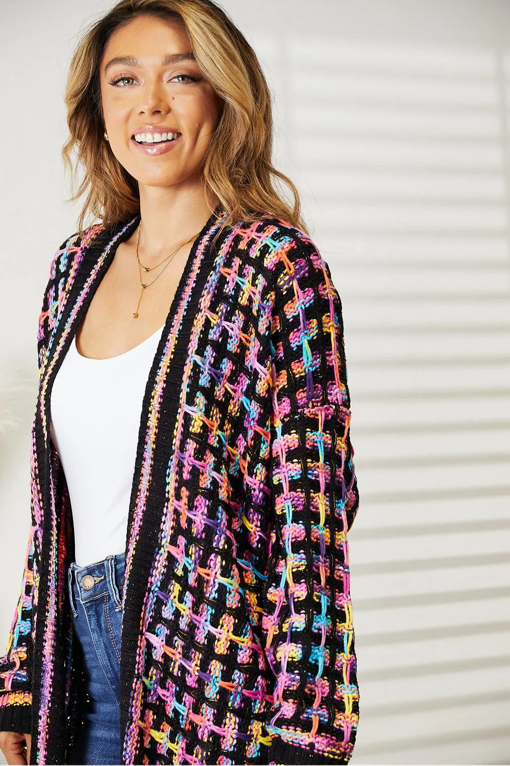 Cozy Fest Multicolored Open Front Fringe Hem Cardigan-Duster