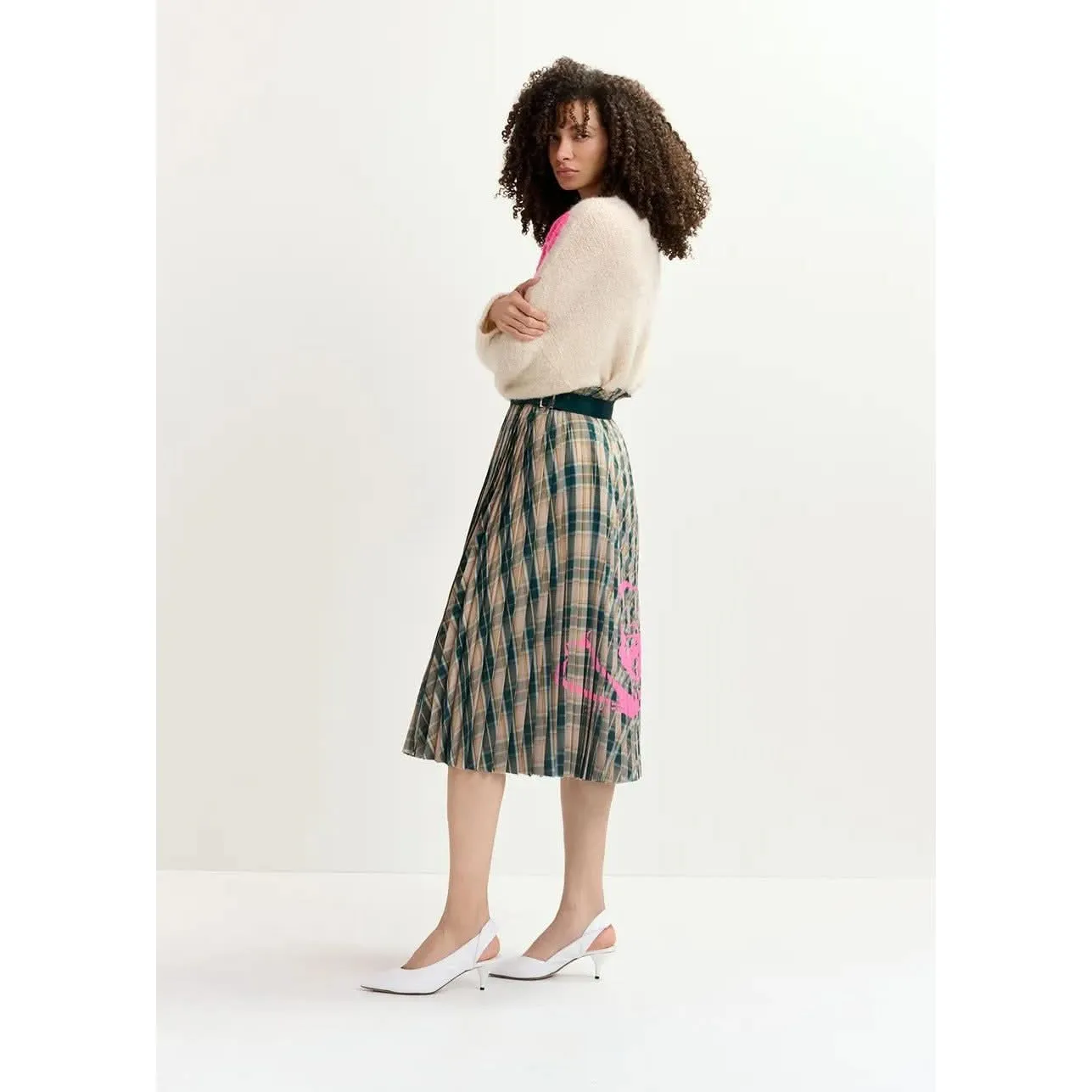 Essentiel Antwerp Godess Skirt Beige and Dark Green Checked Pleated Skirt with Floral Print