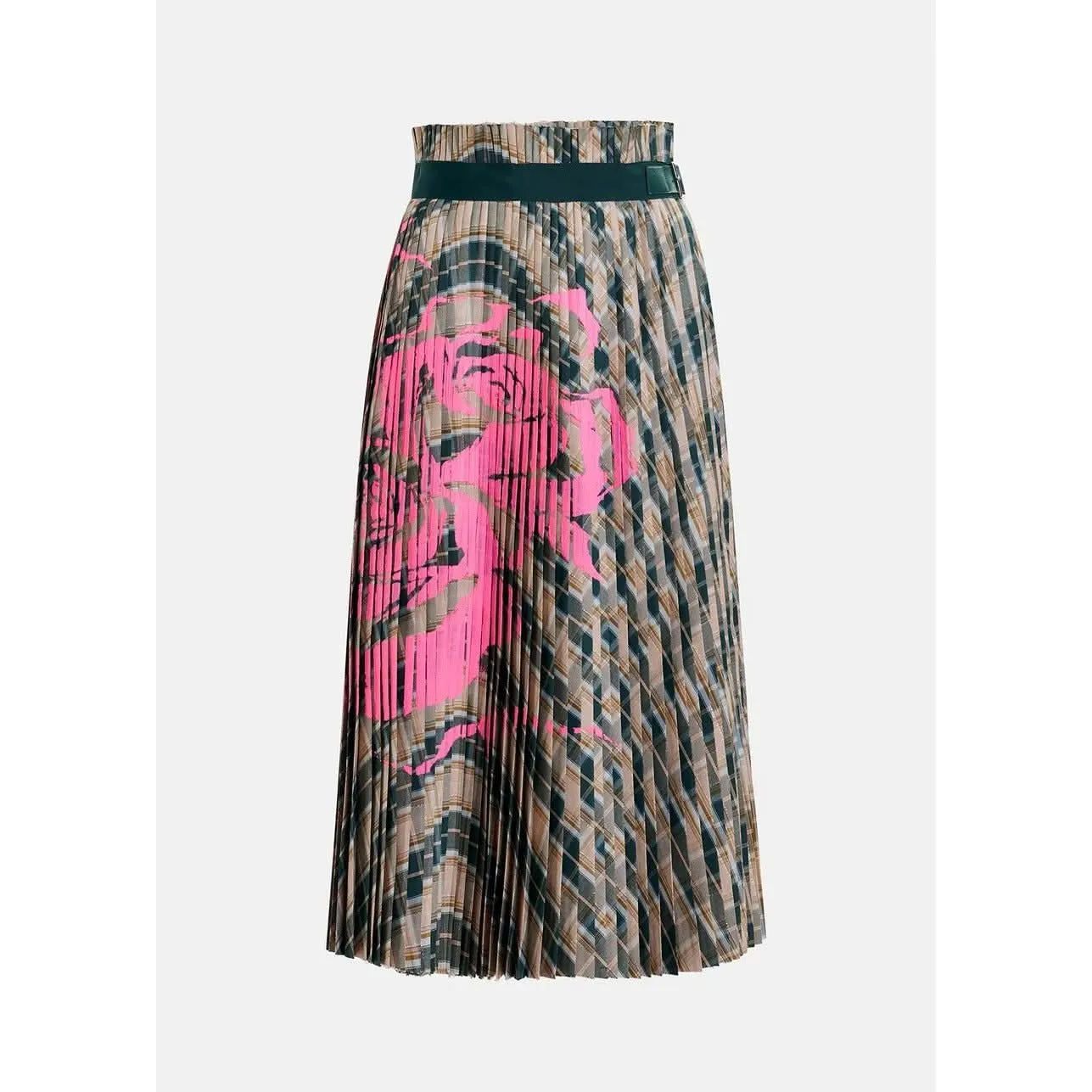 Essentiel Antwerp Godess Skirt Beige and Dark Green Checked Pleated Skirt with Floral Print