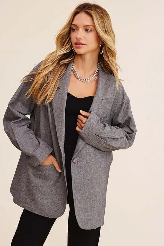 Grey / Brown Smart Oversized Solid Blazer