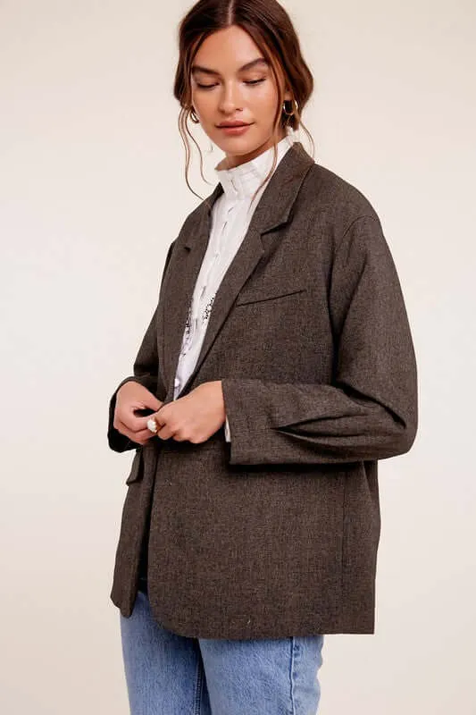 Grey / Brown Smart Oversized Solid Blazer