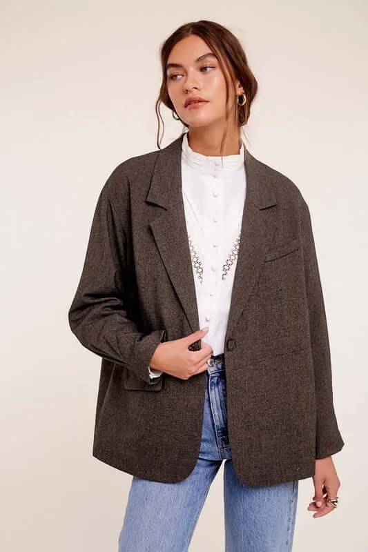 Grey / Brown Smart Oversized Solid Blazer