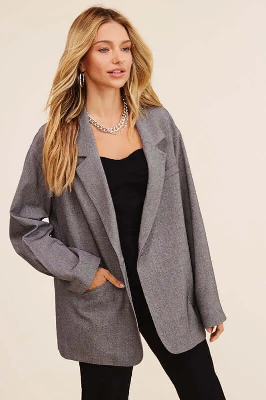 Grey / Brown Smart Oversized Solid Blazer