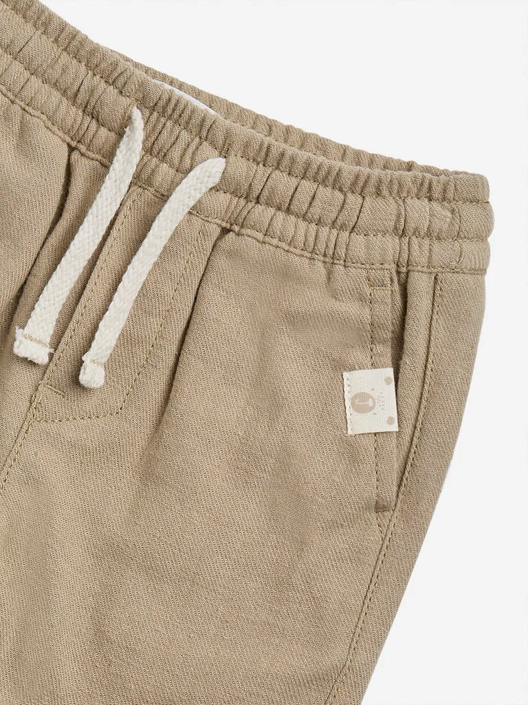 HOP Baby Beige Solid Mid-Rise Cotton Trousers