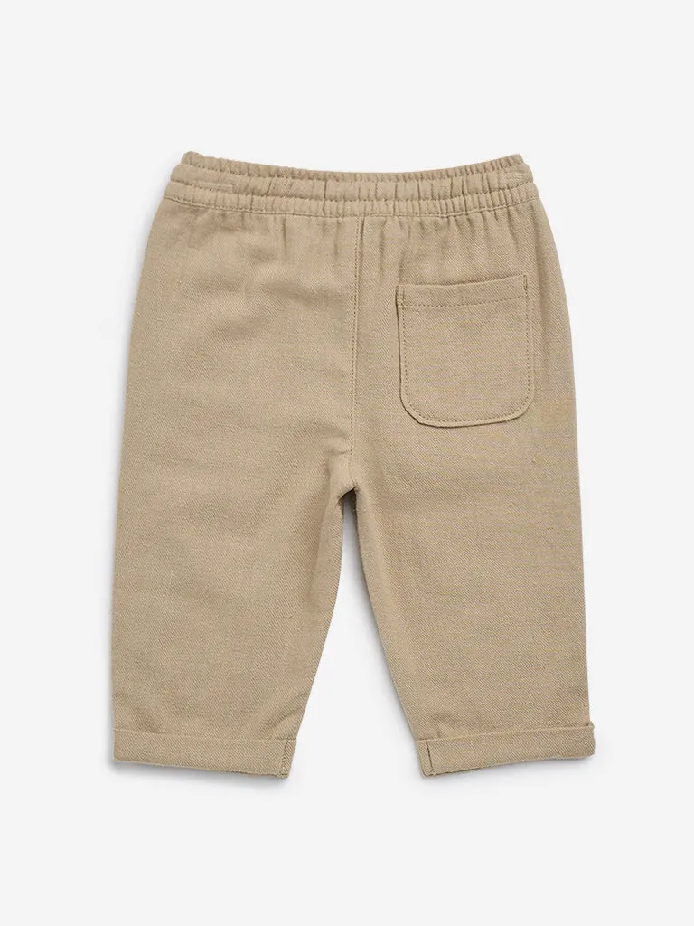 HOP Baby Beige Solid Mid-Rise Cotton Trousers