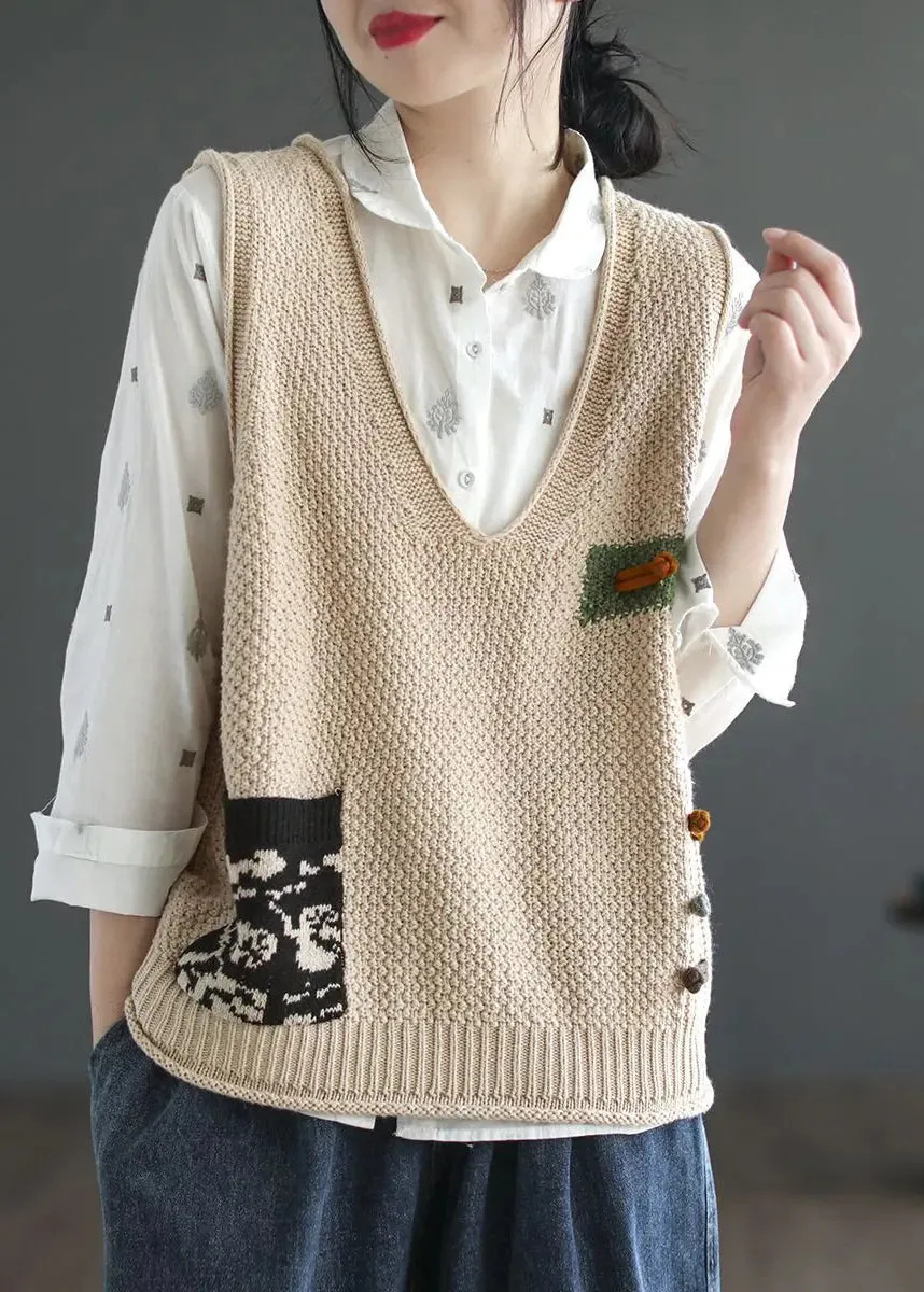 Italian Beige V Neck Patchwork Cozy Cotton Knit Waistcoat Sleeveless ML3361