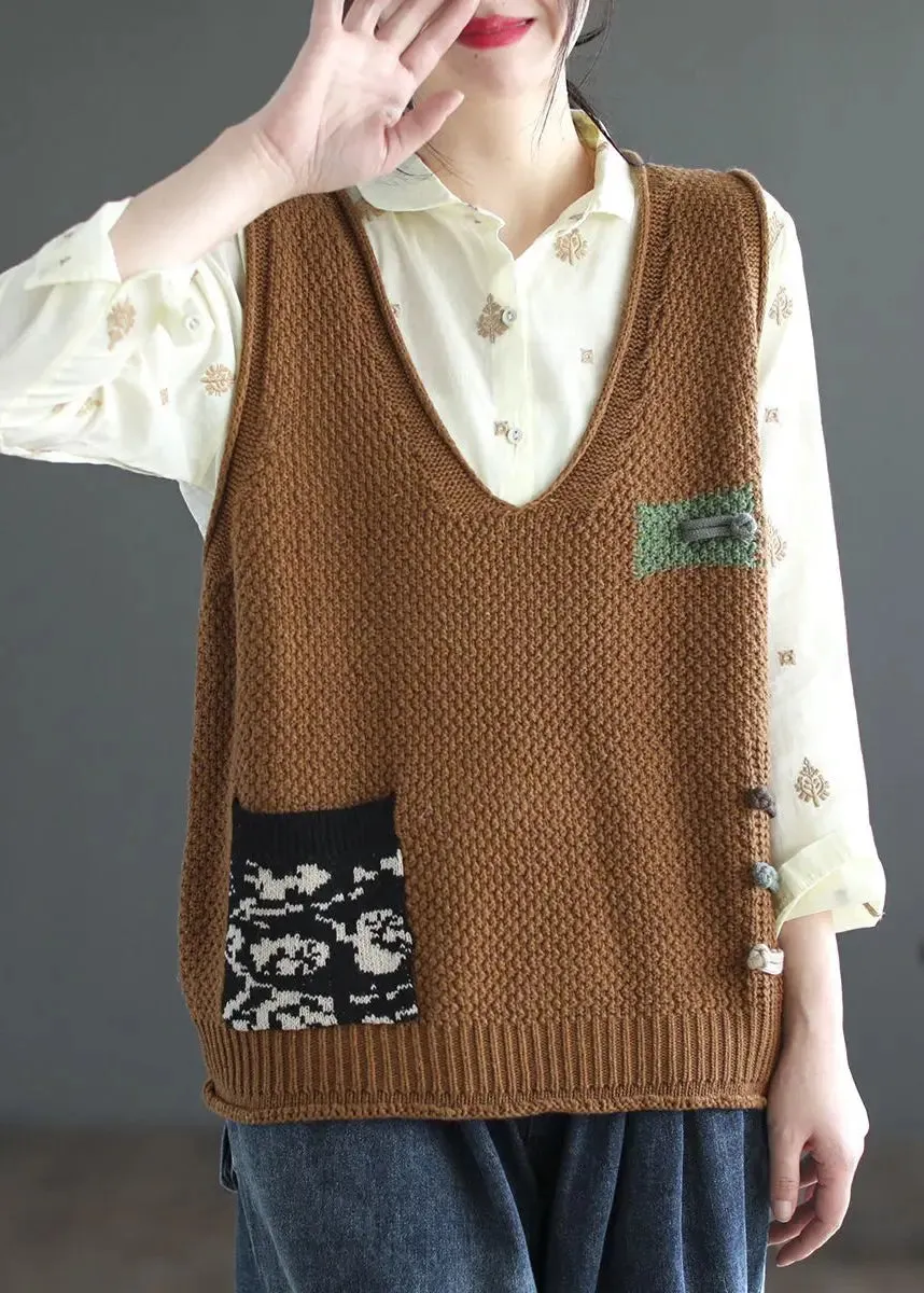 Italian Beige V Neck Patchwork Cozy Cotton Knit Waistcoat Sleeveless ML3361