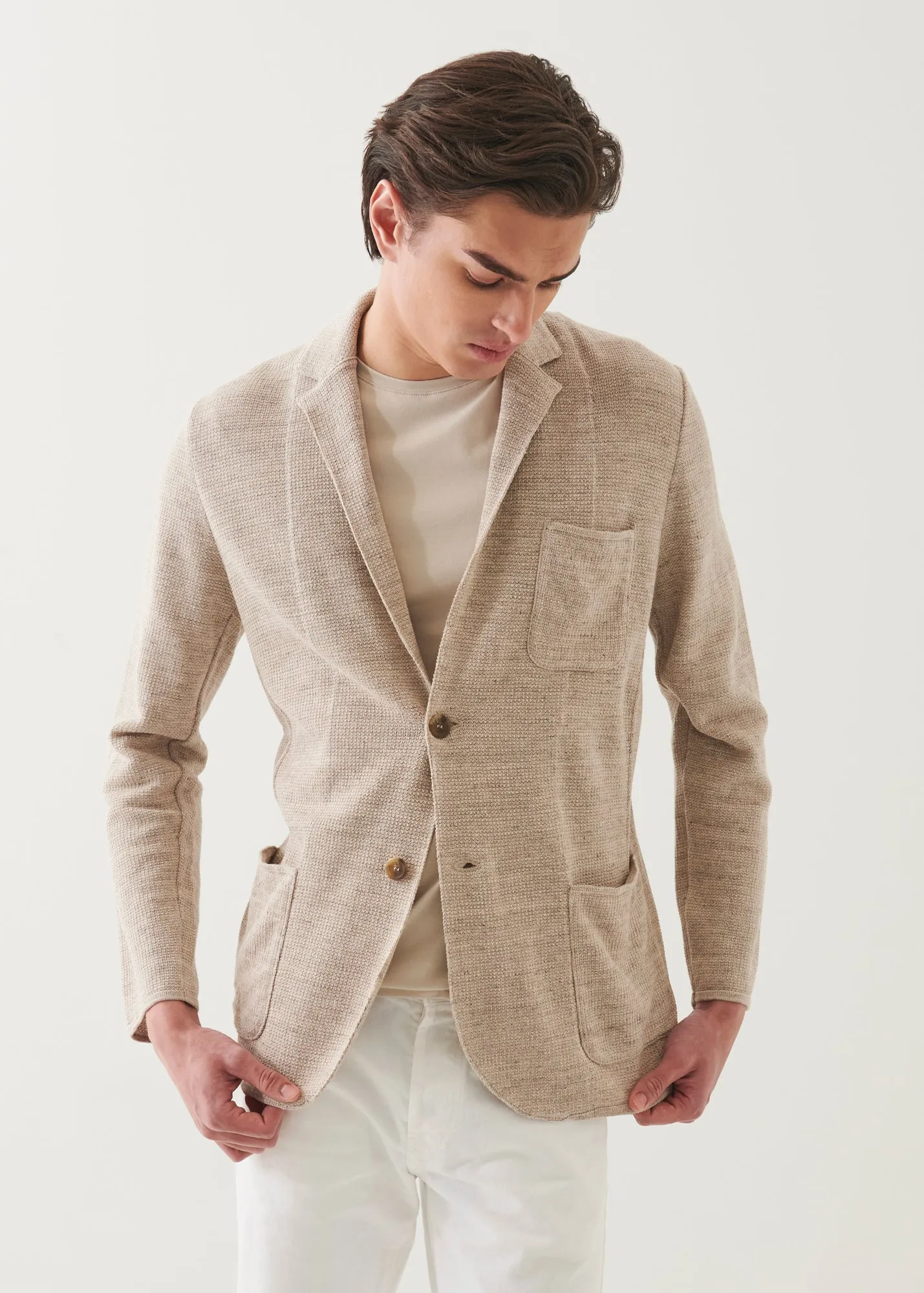 Linen-Cotton Blend Textured Stitch Knit Blazer