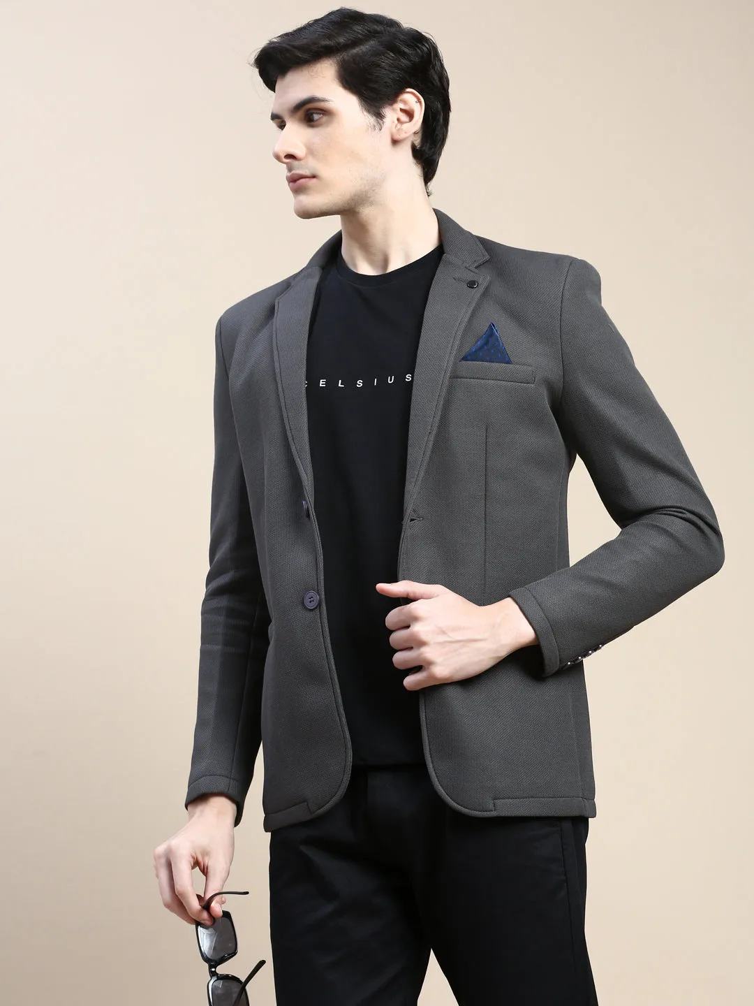 Men Grey Solid Casual Blazers