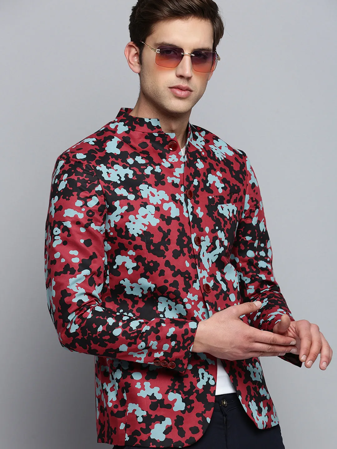 Men Mandarin Collar Printed Burgundy Blazer