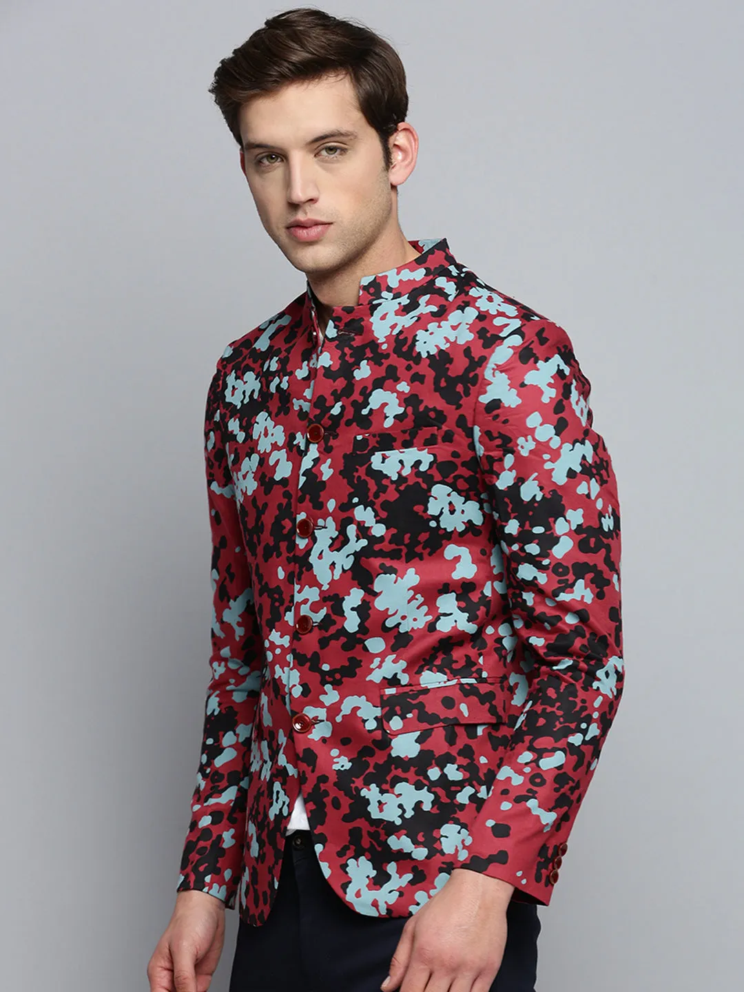 Men Mandarin Collar Printed Burgundy Blazer