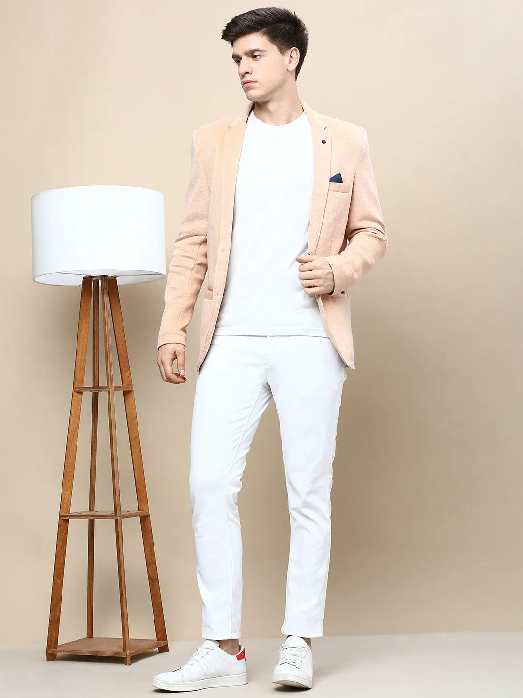 Men Peach Solid Casual Blazers