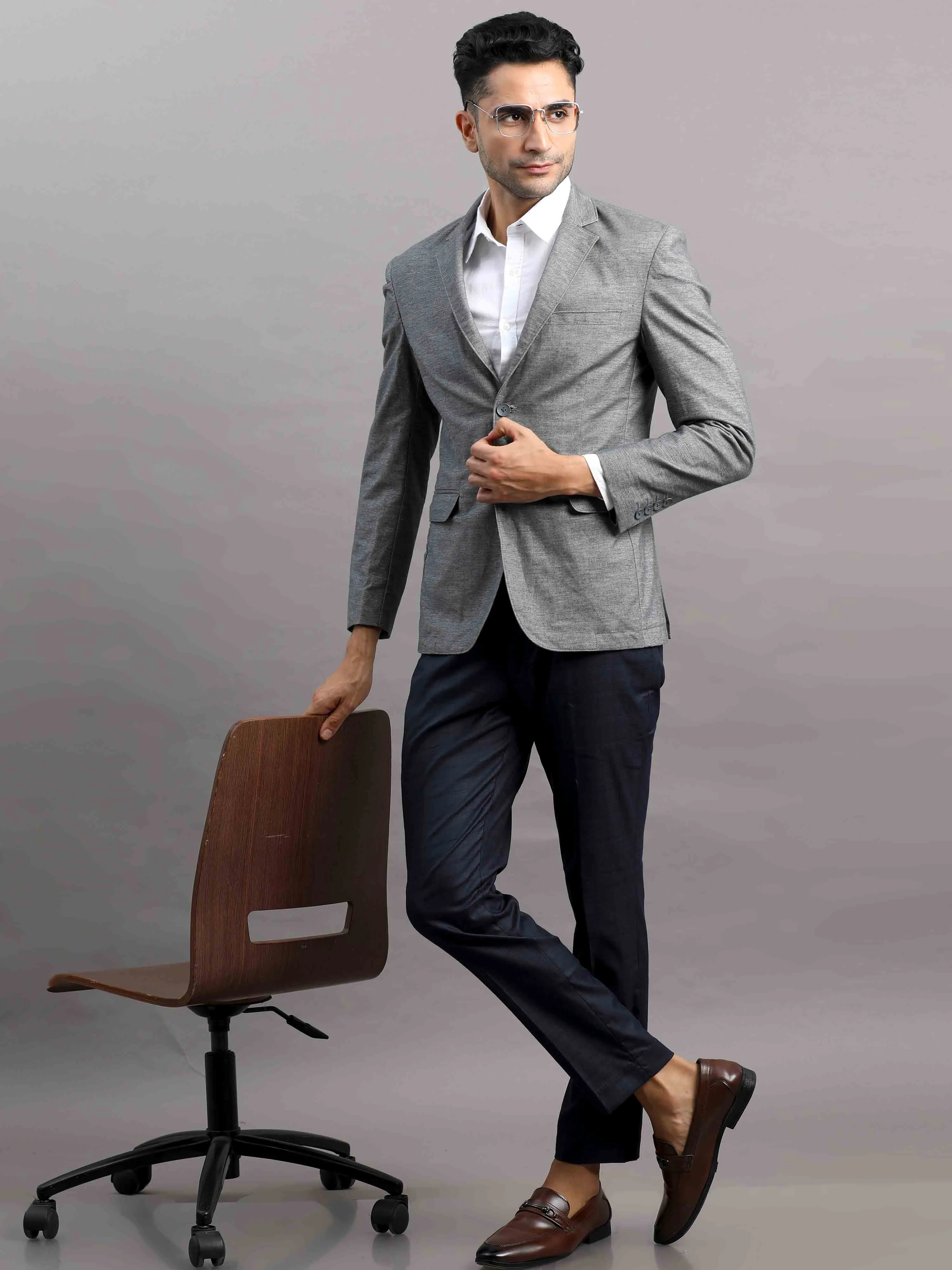 Men's Light Grey Slim Fit Cotton Blend Full Sleeve Solid Casual Blazer