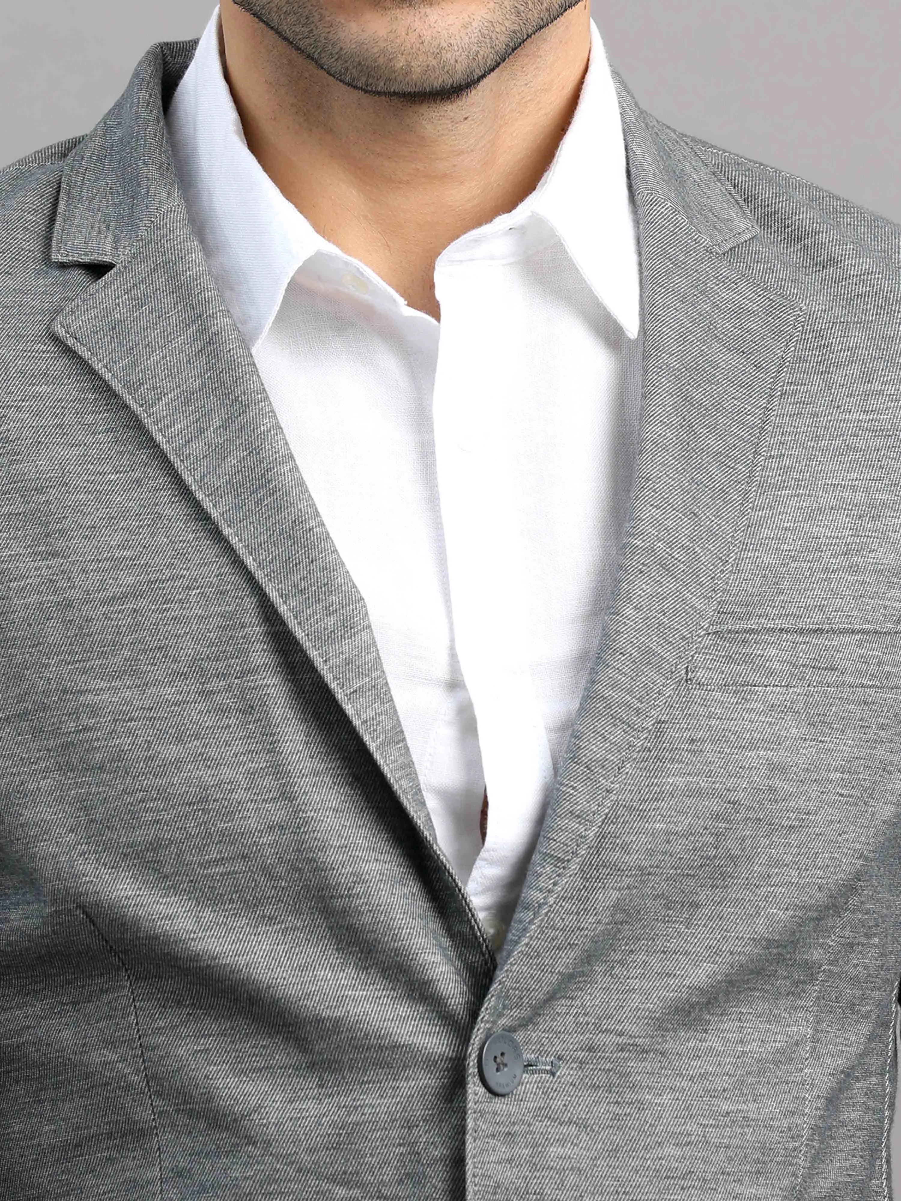 Men's Light Grey Slim Fit Cotton Blend Full Sleeve Solid Casual Blazer