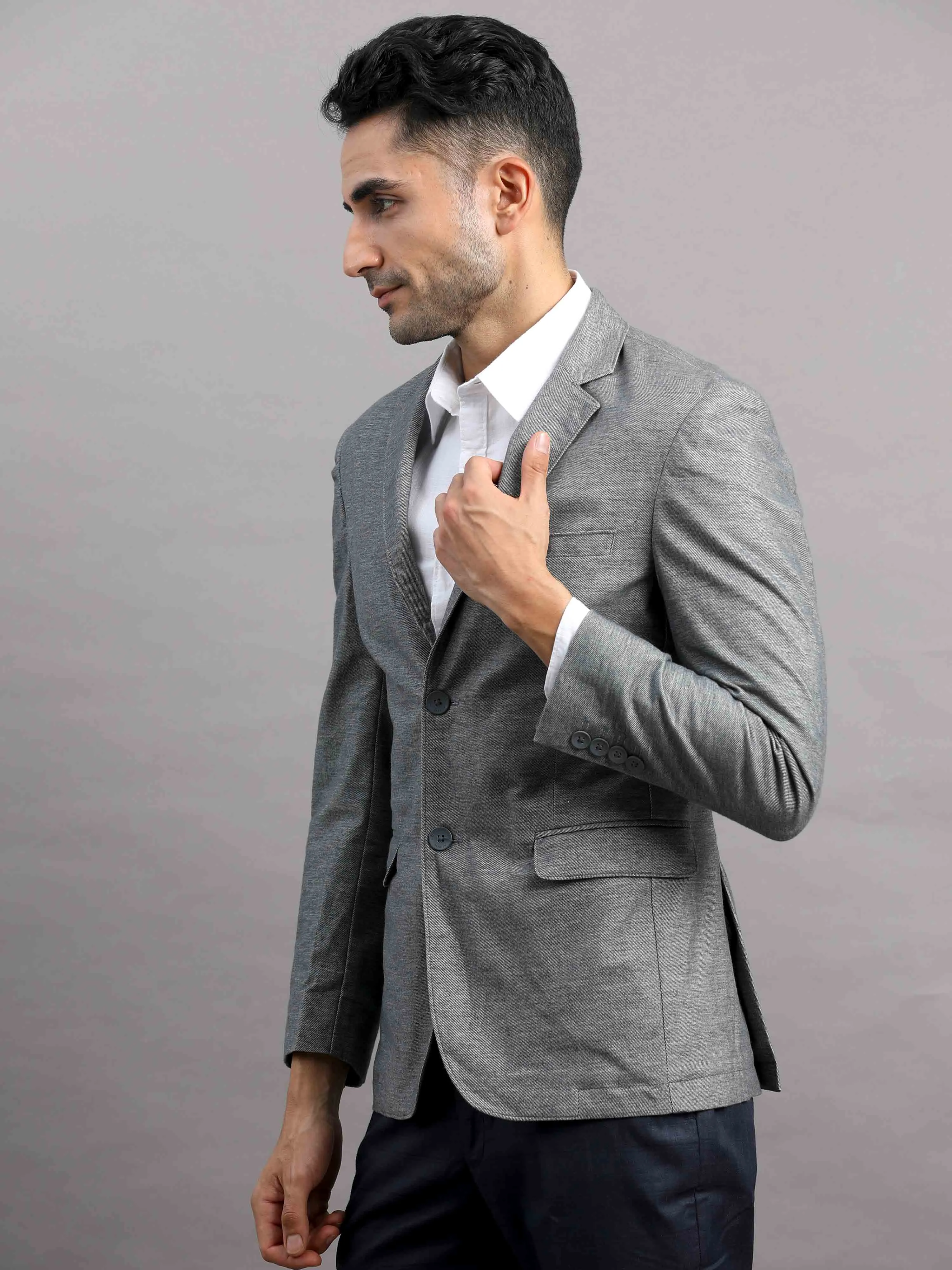 Men's Light Grey Slim Fit Cotton Blend Full Sleeve Solid Casual Blazer