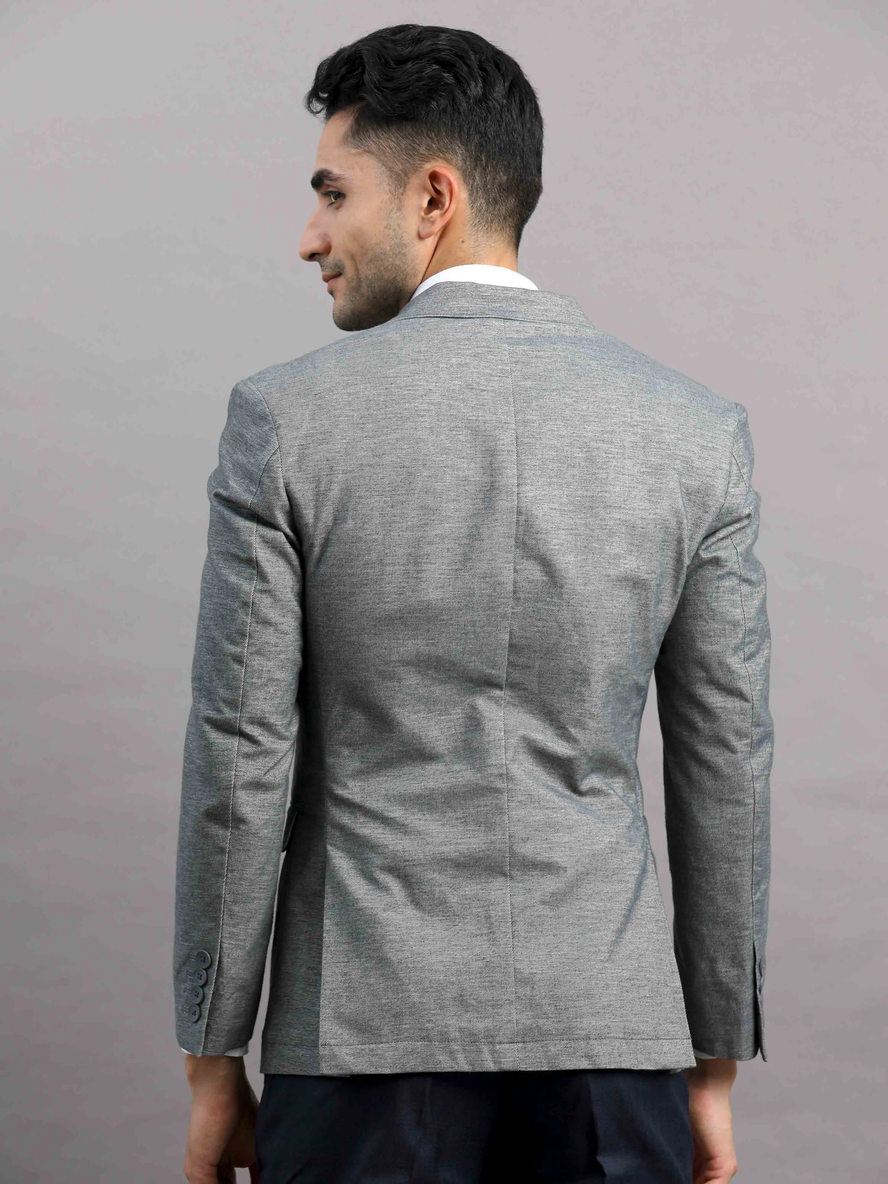 Men's Light Grey Slim Fit Cotton Blend Full Sleeve Solid Casual Blazer