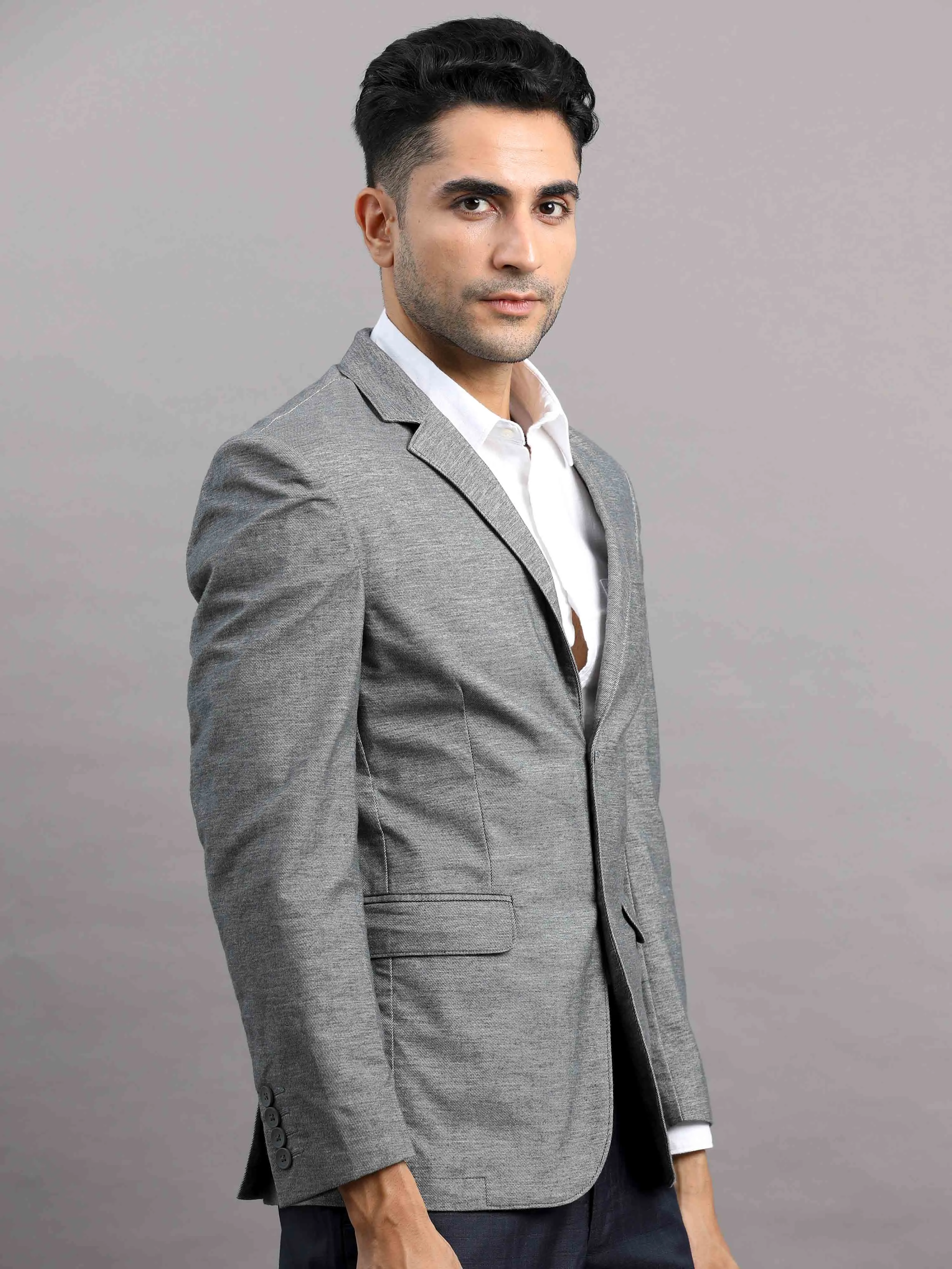 Men's Light Grey Slim Fit Cotton Blend Full Sleeve Solid Casual Blazer