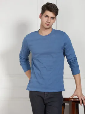 Men's Mid blue Cotton Regular Fit Textured Round Neck T-Shirt