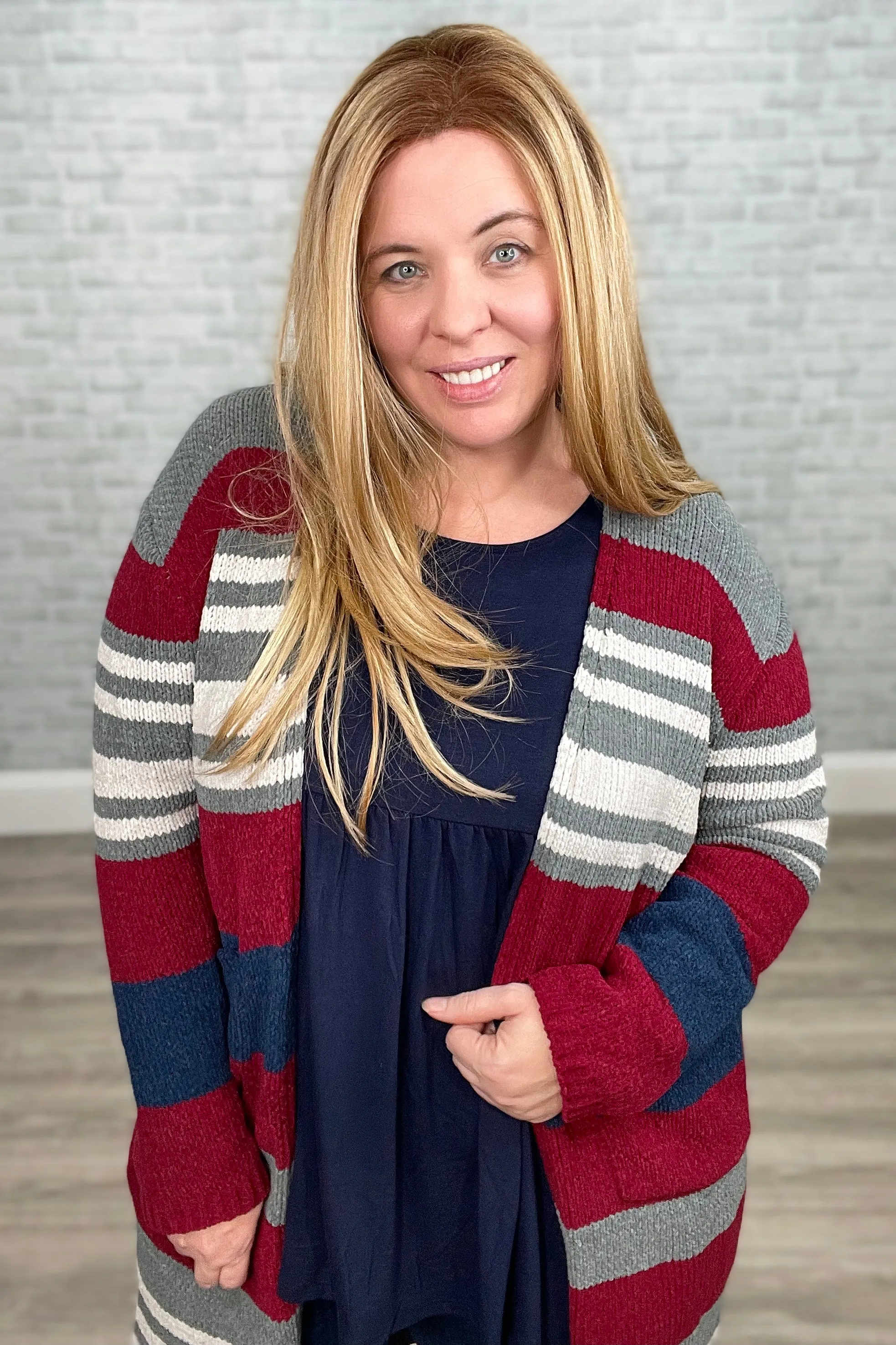 Navy & Burgundy Striped Chenille Long Cardigan with Pockets