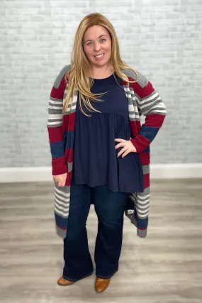 Navy & Burgundy Striped Chenille Long Cardigan with Pockets