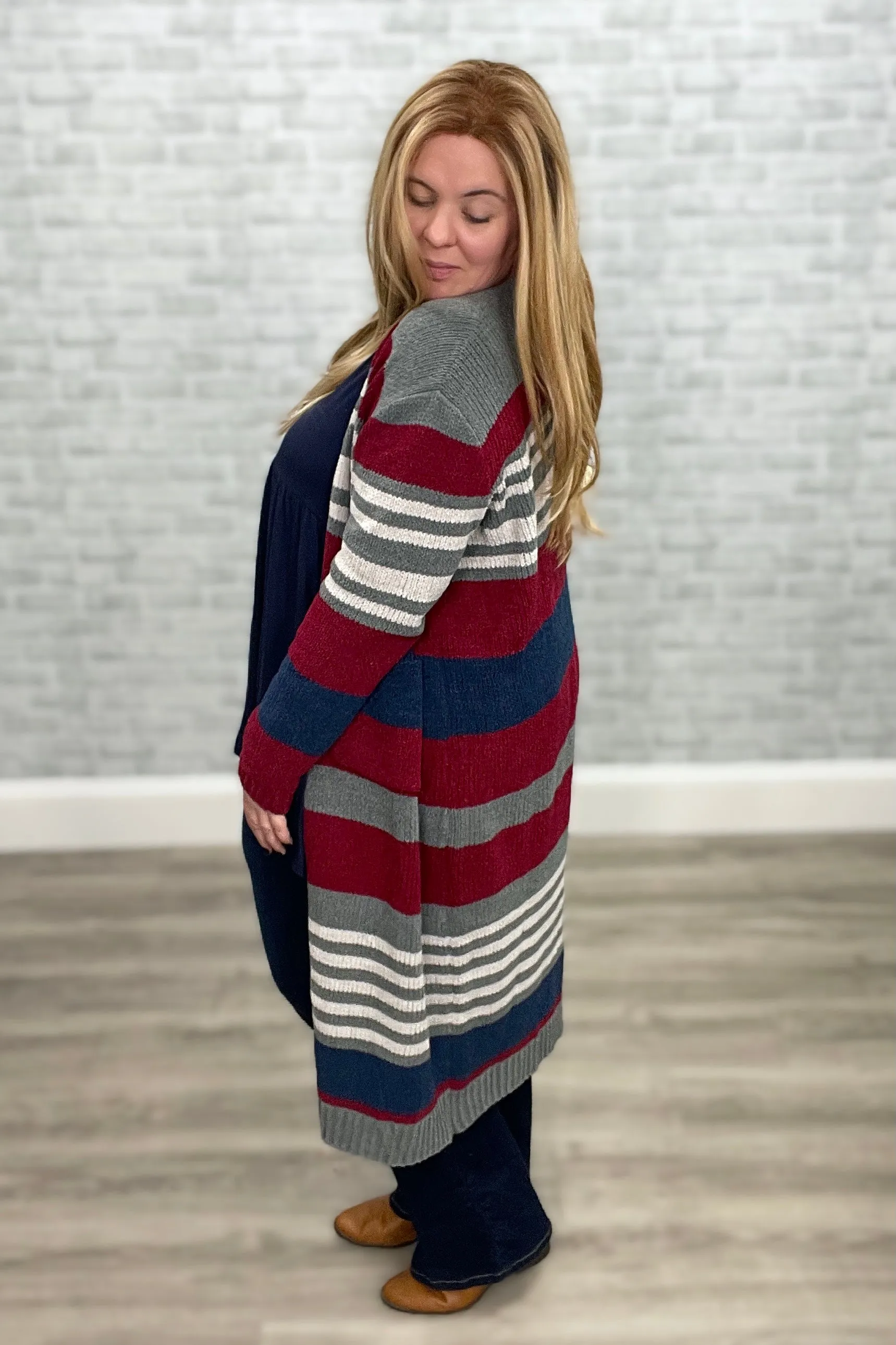 Navy & Burgundy Striped Chenille Long Cardigan with Pockets