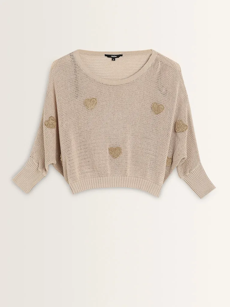 Nuon Beige Heart Embroidered Knitted Cotton Sweater