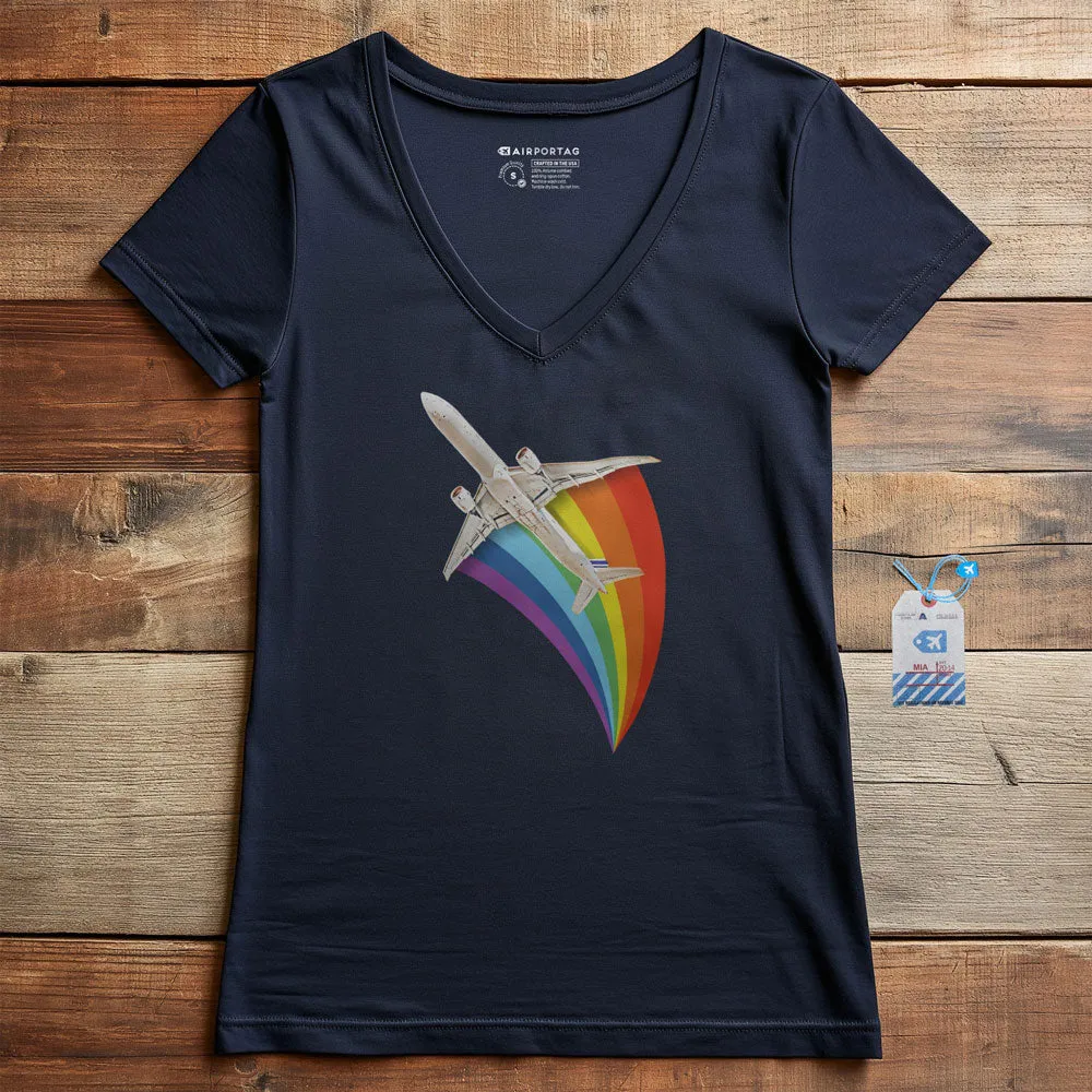 Plane Flying Rainbow - Women's V-Neck T-Shirt